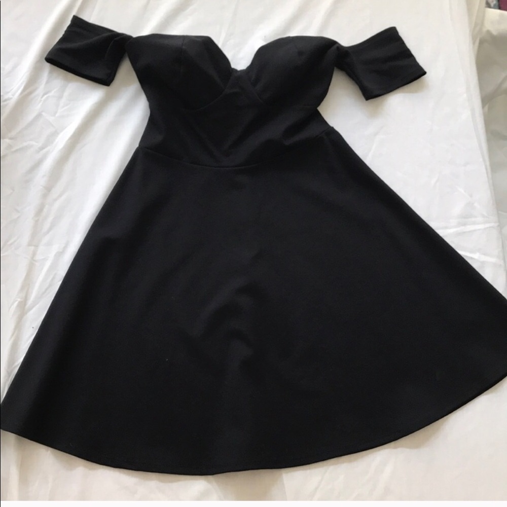 Lulu’s black mini off the shoulder dress